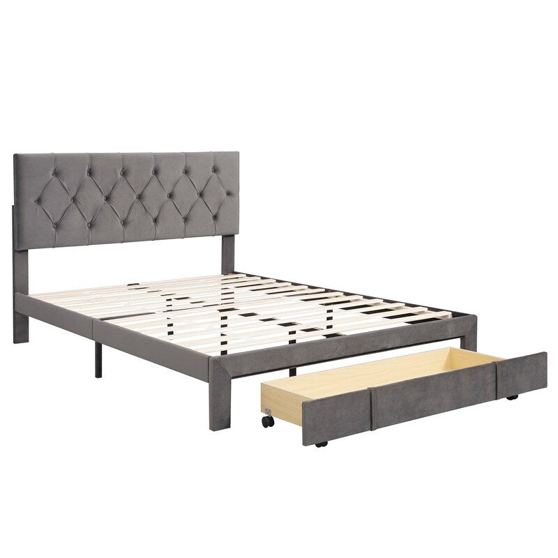 Queen Size Elegant Design Storage Bed Velvet Upholstered Platform Bed with a Big Drawer,No Box Spring required,Ease Assembly