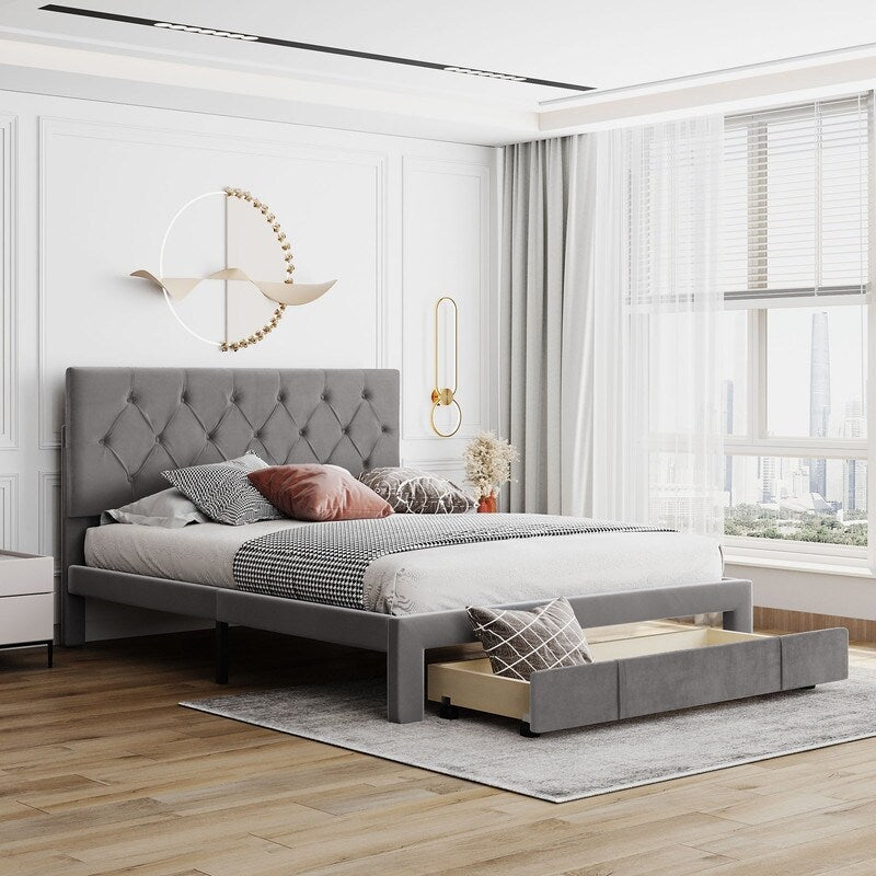 Queen Size Elegant Design Storage Bed Velvet Upholstered Platform Bed with a Big Drawer,No Box Spring required,Ease Assembly