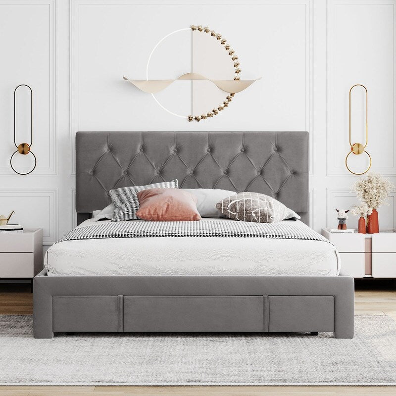 Queen Size Elegant Design Storage Bed Velvet Upholstered Platform Bed with a Big Drawer,No Box Spring required,Ease Assembly