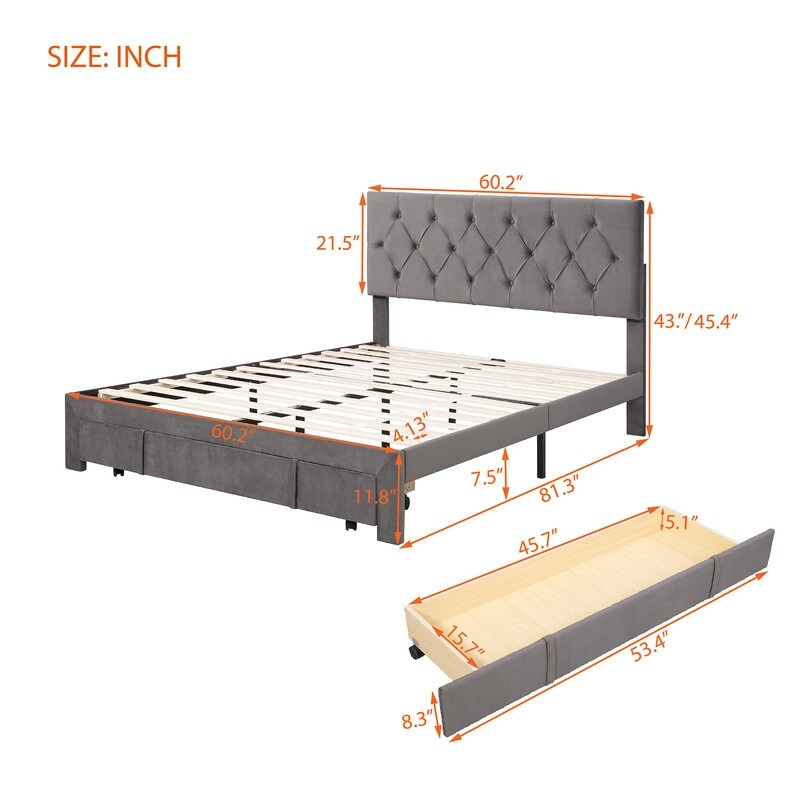 Queen Size Elegant Design Storage Bed Velvet Upholstered Platform Bed with a Big Drawer,No Box Spring required,Ease Assembly