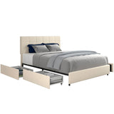 Queen Size Ivory Velvet Upholstered Platform Bed with 4 Storage Drawers, Square Stitched Button Tufted Headboard