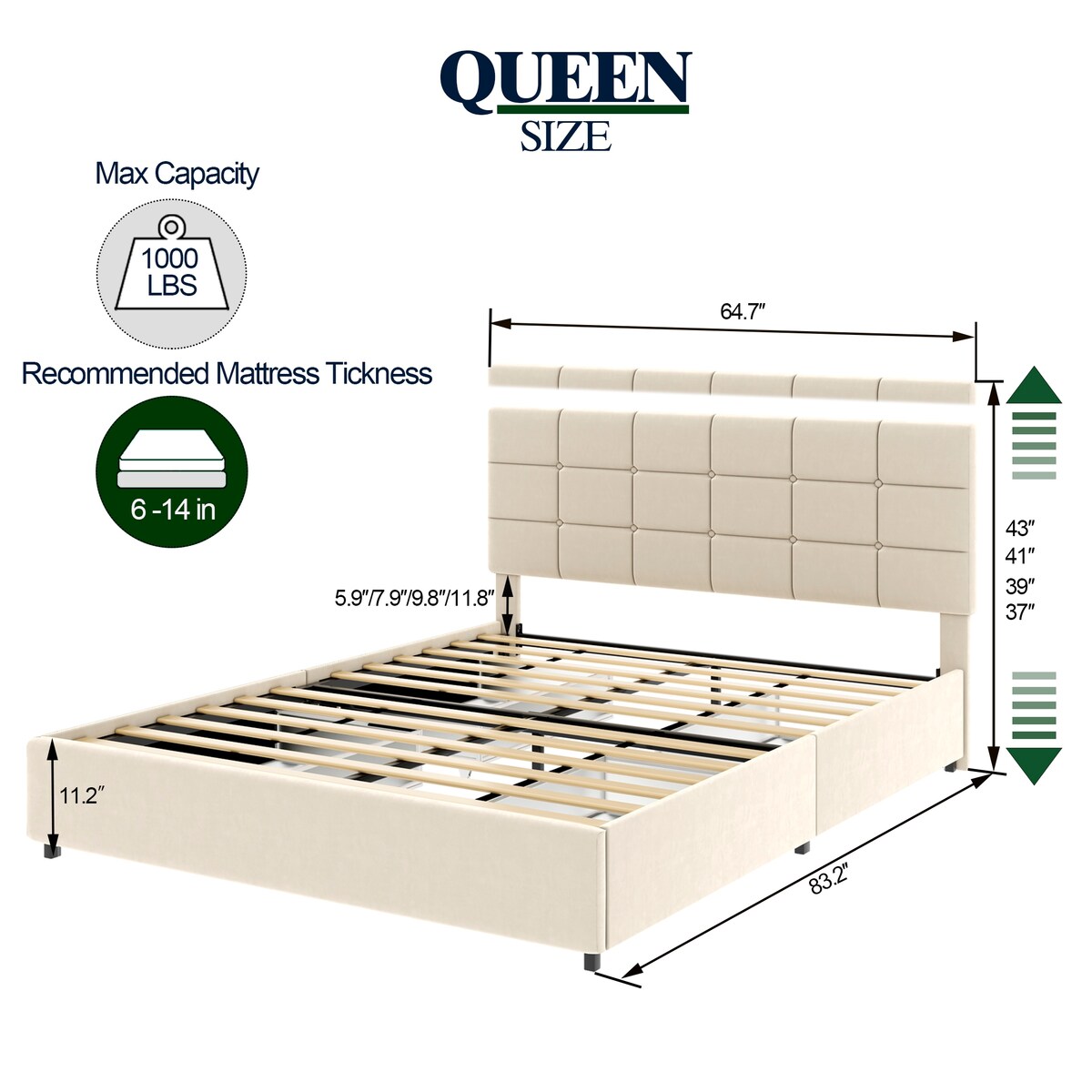 Queen Size Ivory Velvet Upholstered Platform Bed with 4 Storage Drawers, Square Stitched Button Tufted Headboard