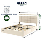 Queen Size Ivory Velvet Upholstered Platform Bed with 4 Storage Drawers, Square Stitched Button Tufted Headboard