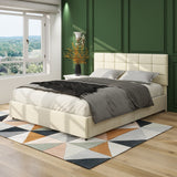 Queen Size Ivory Velvet Upholstered Platform Bed with 4 Storage Drawers, Square Stitched Button Tufted Headboard