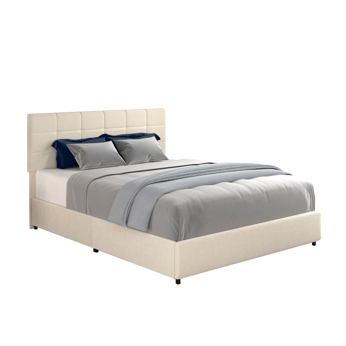 Queen Size Ivory Velvet Upholstered Platform Bed with 4 Storage Drawers, Square Stitched Button Tufted Headboard