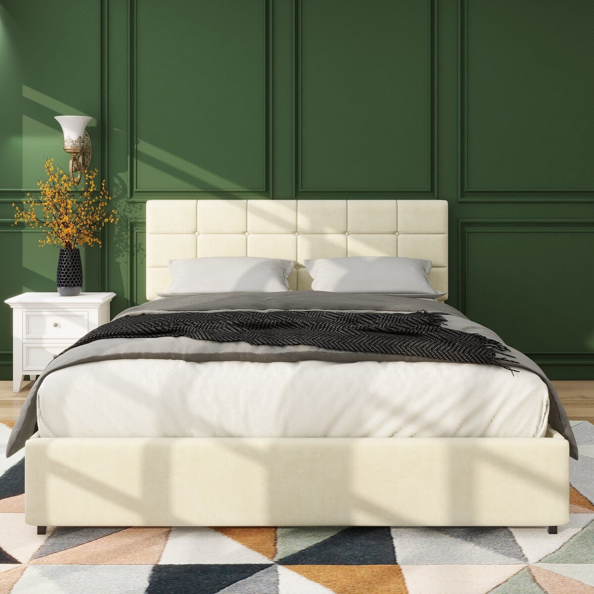 Queen Size Ivory Velvet Upholstered Platform Bed with 4 Storage Drawers, Square Stitched Button Tufted Headboard
