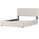 Queen Size Linen Fabric Upholstered Platform Bed with 4 Drawers