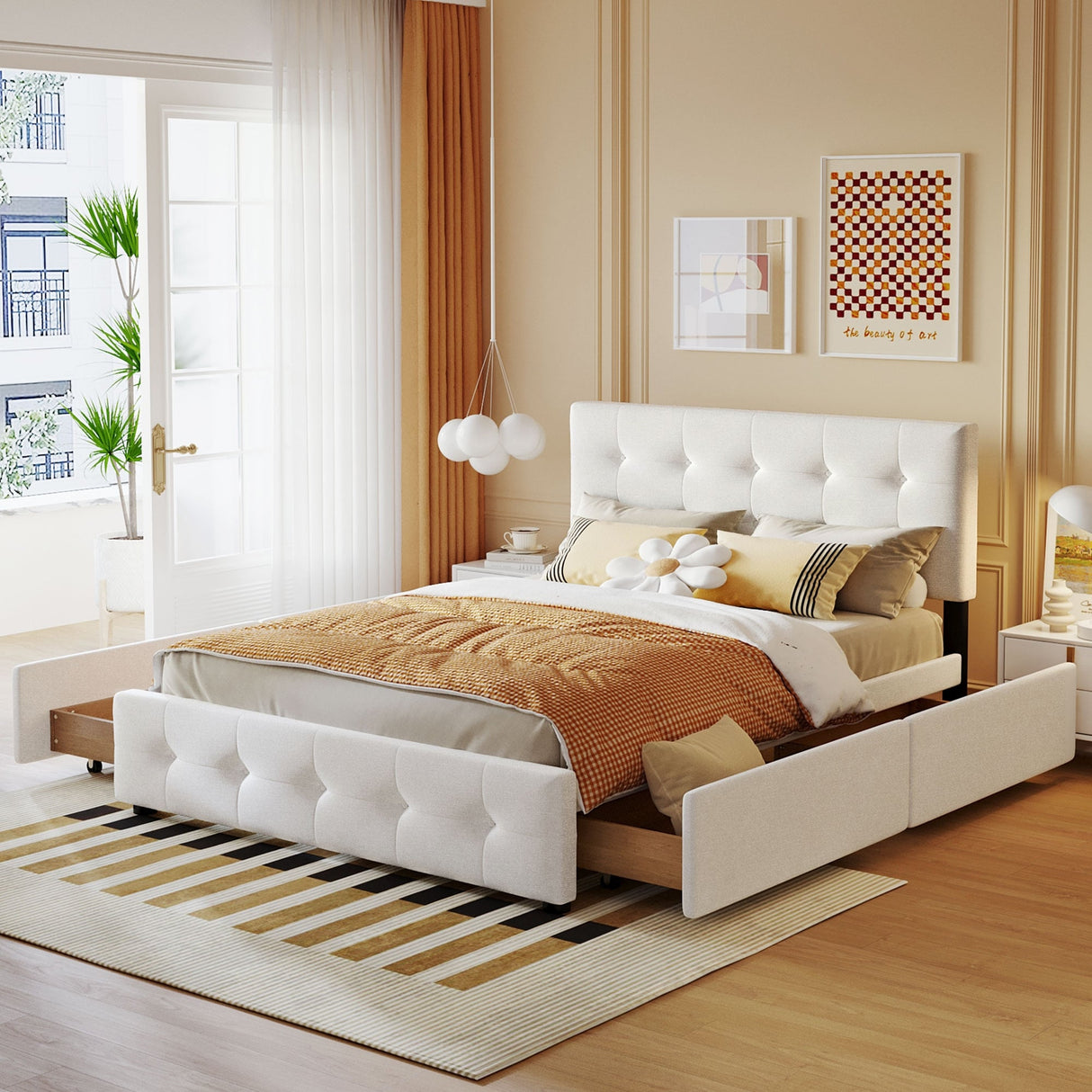 Queen Size Linen Fabric Upholstered Platform Bed with 4 Drawers