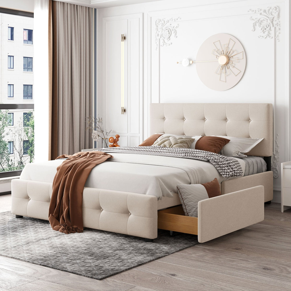 Queen Size Linen Fabric Upholstered Platform Bed with 4 Drawers