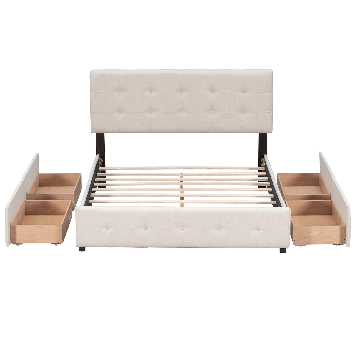 Queen Size Linen Fabric Upholstered Platform Bed with 4 Drawers