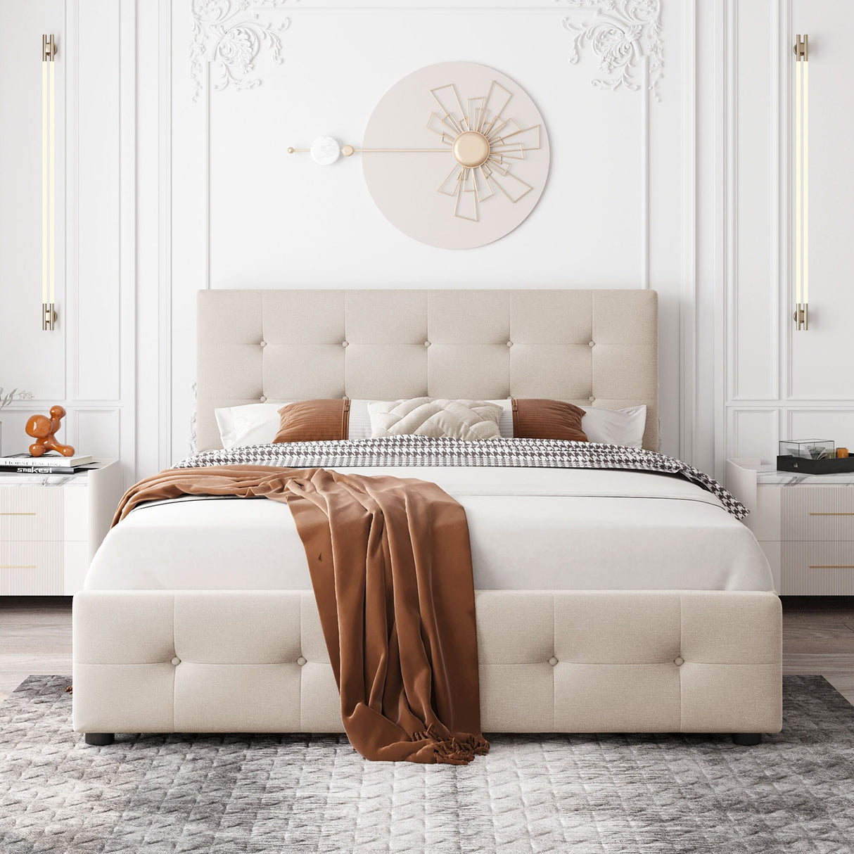 Queen Size Linen Fabric Upholstered Platform Bed with 4 Drawers