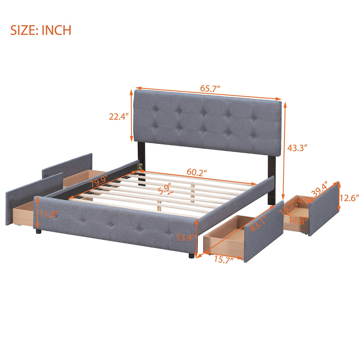 Queen Size Linen Fabric Upholstered Platform Bed with 4 Drawers
