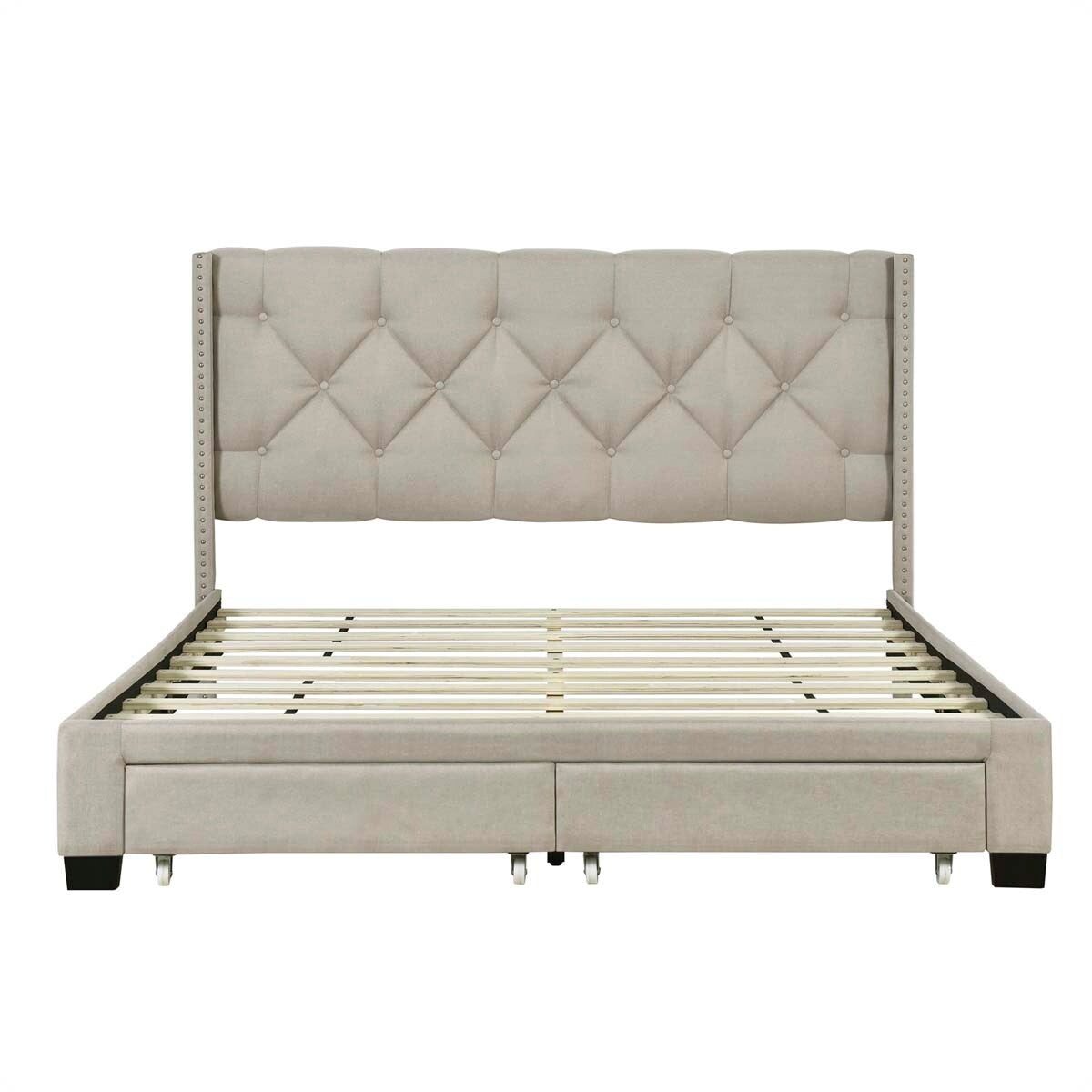 Queen Size Linen Platform Bed Frame with Two Drawers