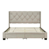 Queen Size Linen Platform Bed Frame with Two Drawers