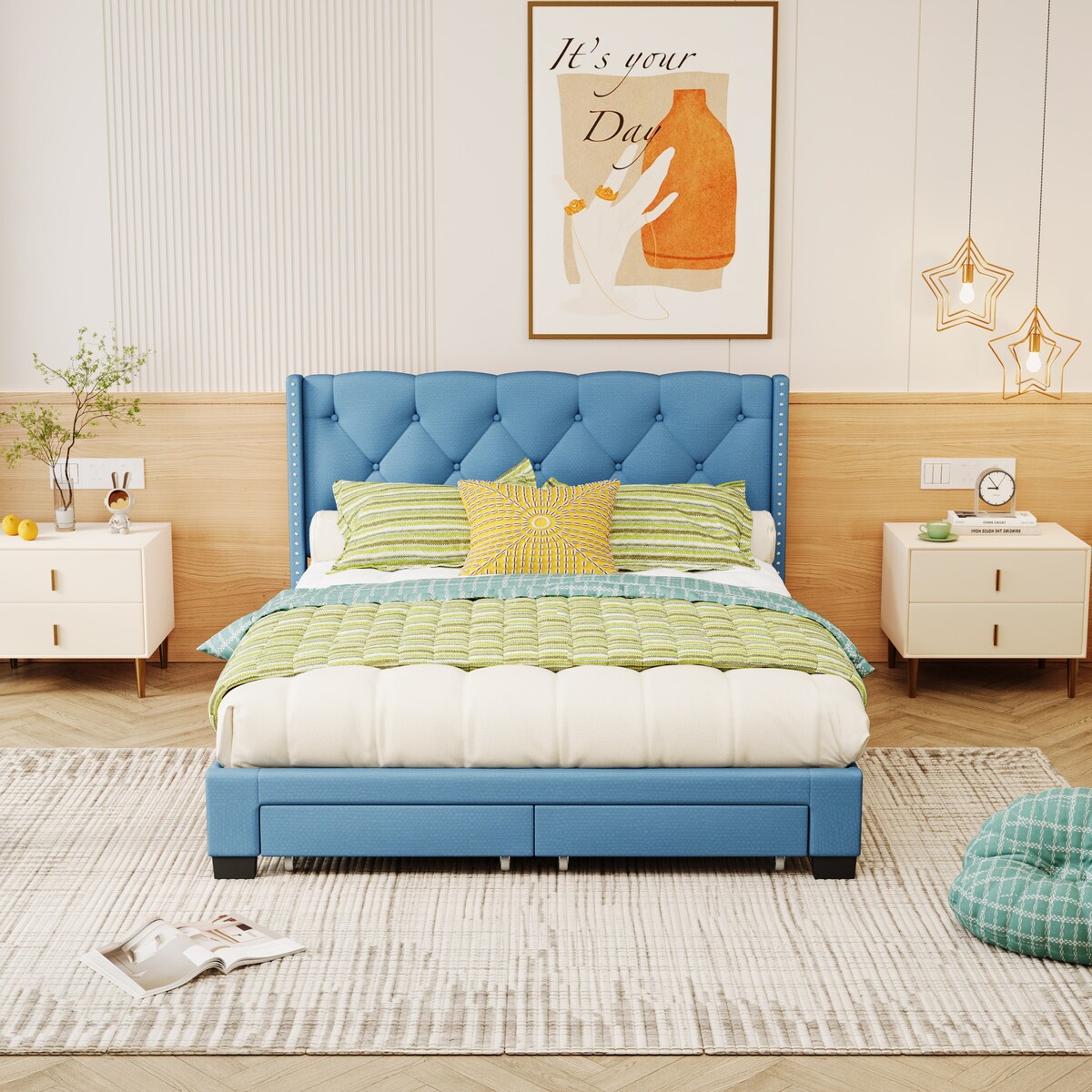 Queen Size Linen Platform Bed Frame with Two Drawers