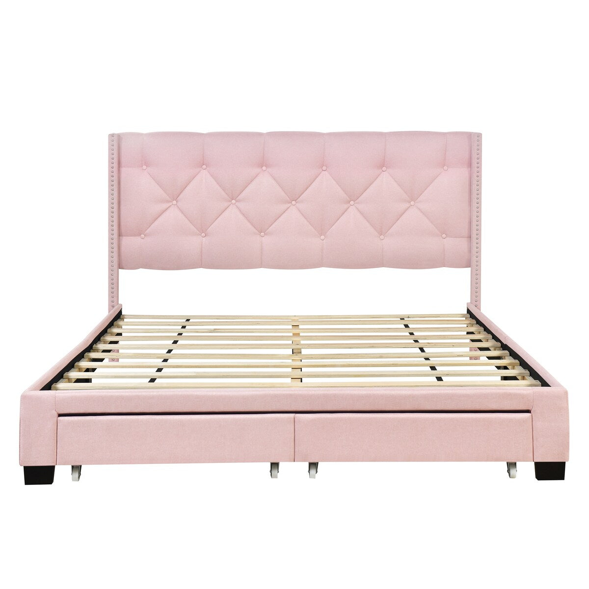 Queen Size Linen Platform Bed Frame with Two Drawers
