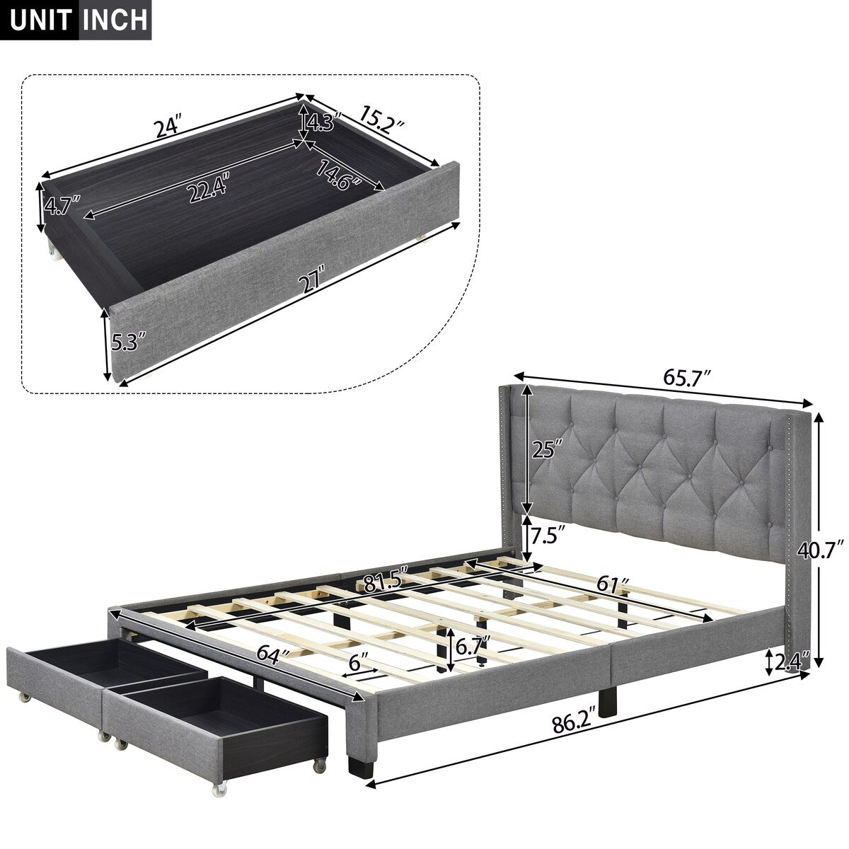 Queen Size Linen Platform Bed Frame with Two Drawers