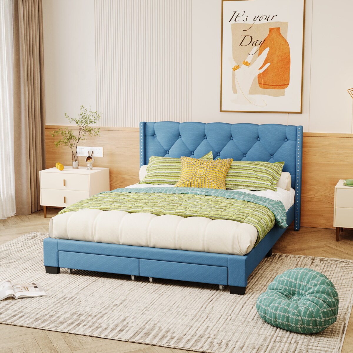 Queen Size Linen Platform Bed Frame with Two Drawers