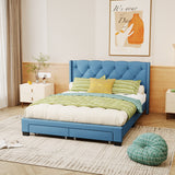 Queen Size Linen Platform Bed Frame with Two Drawers