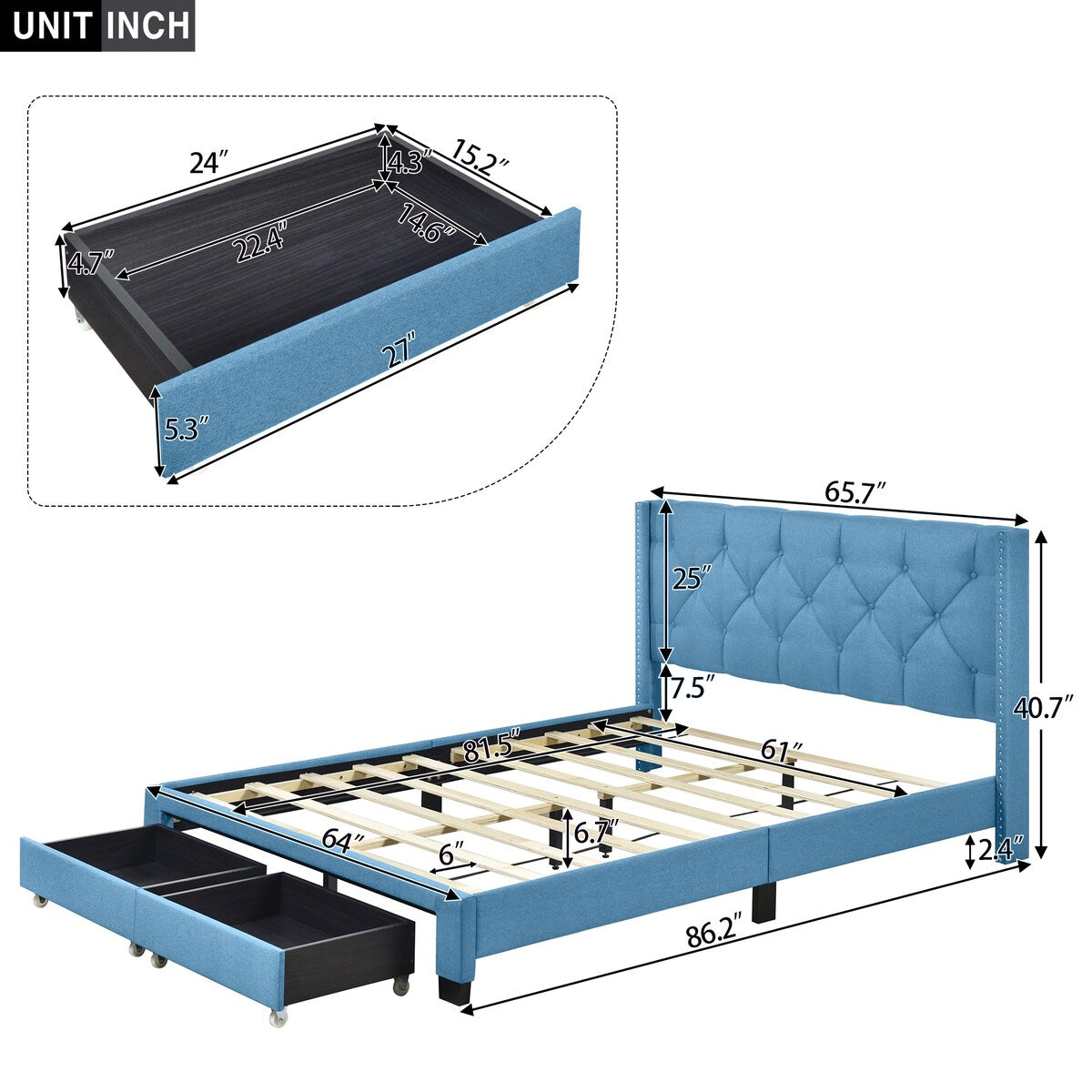 Queen Size Linen Platform Bed Frame with Two Drawers