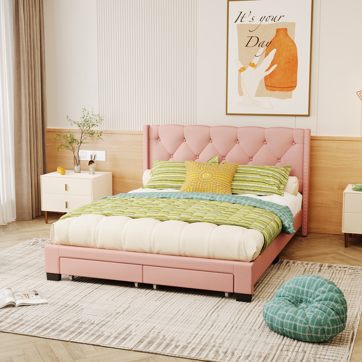 Queen Size Linen Platform Bed Frame with Two Drawers
