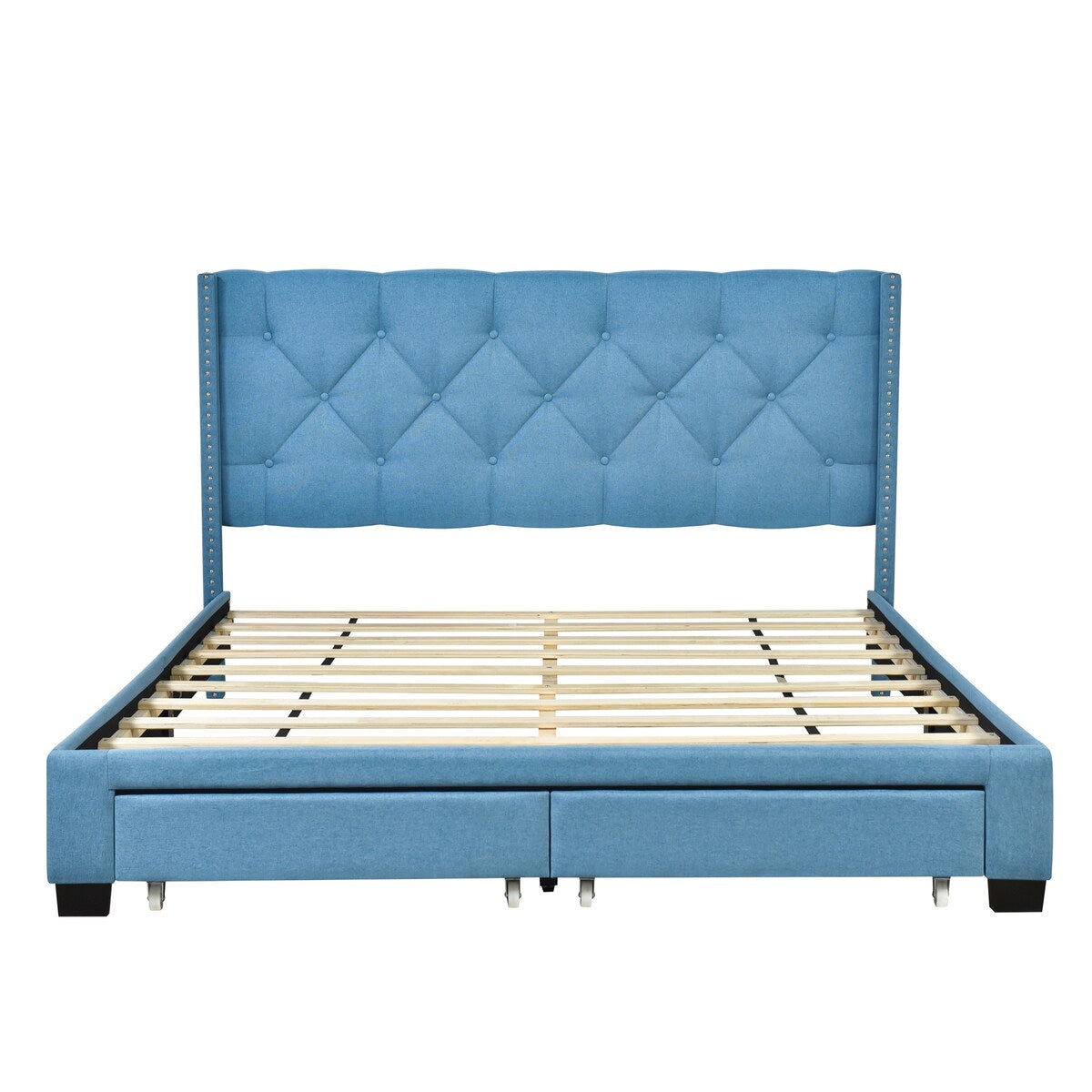 Queen Size Linen Platform Bed Frame with Two Drawers