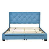 Queen Size Linen Platform Bed Frame with Two Drawers