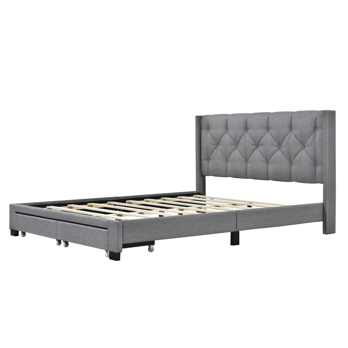 Queen Size Linen Platform Bed Frame with Two Drawers