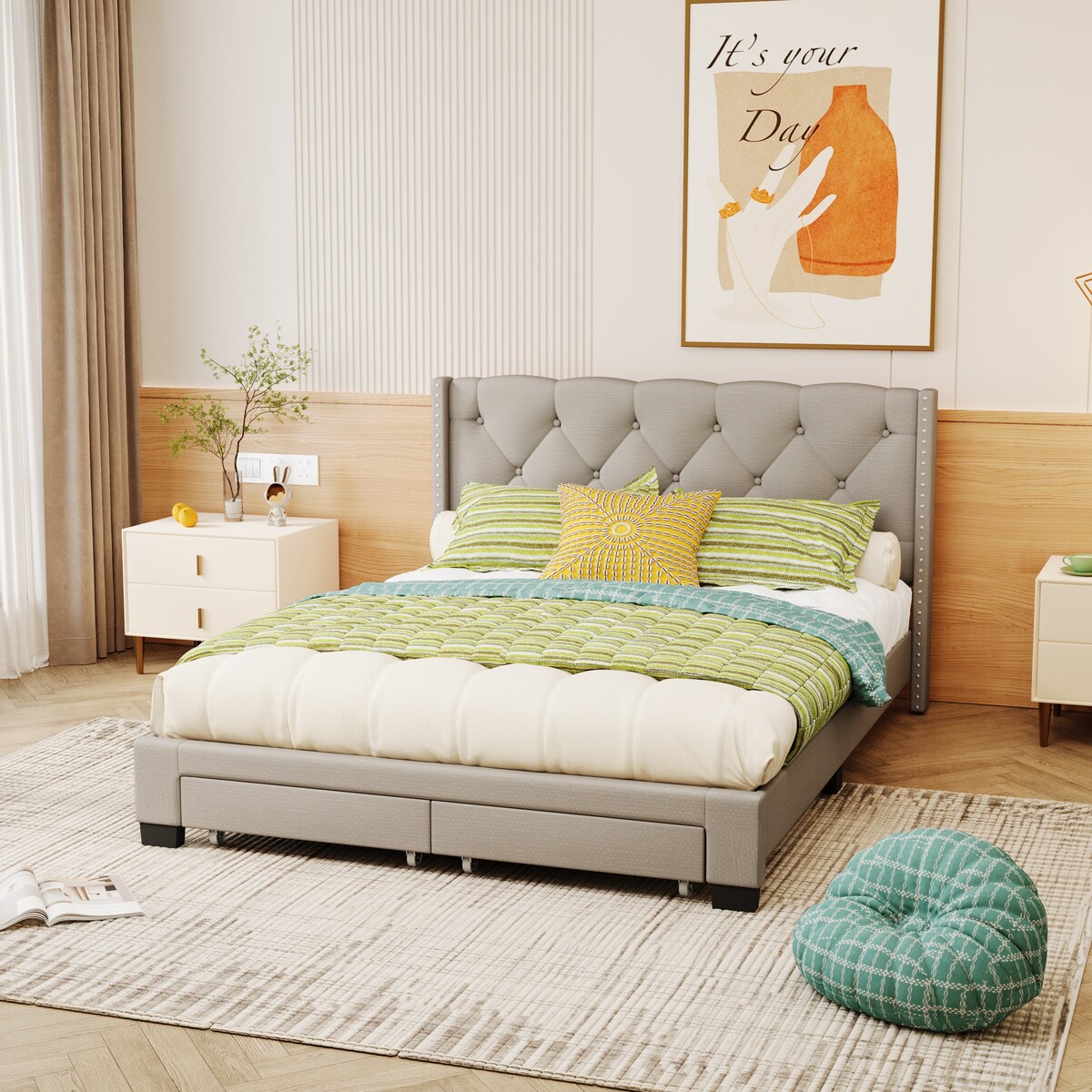Queen Size Linen Platform Bed Frame with Two Drawers