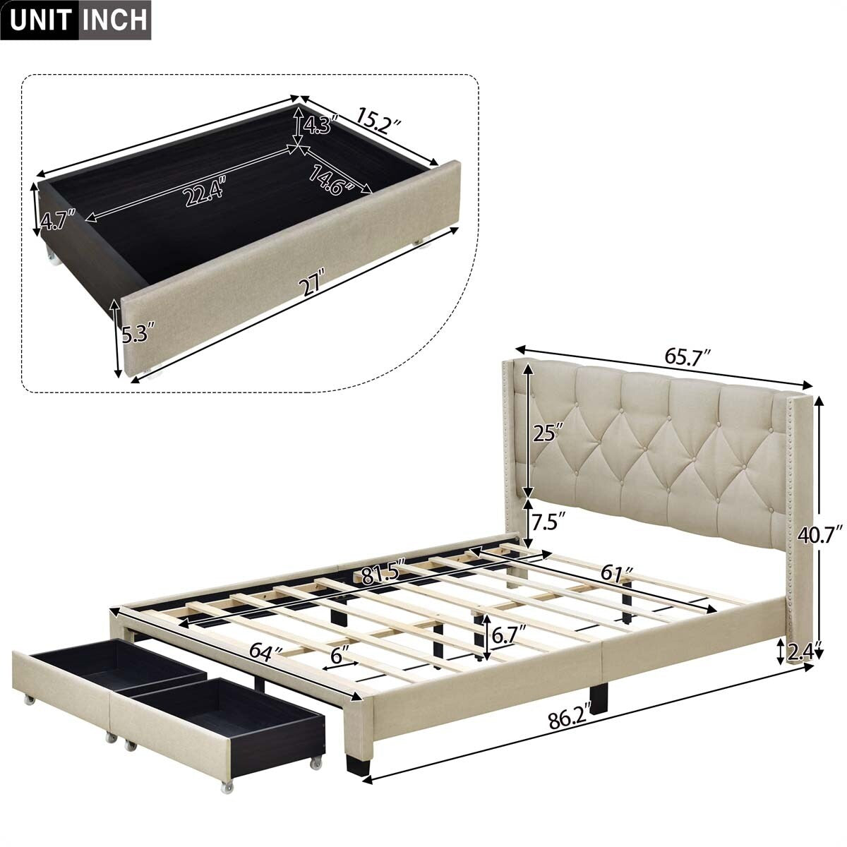Queen Size Linen Platform Bed Frame with Two Drawers