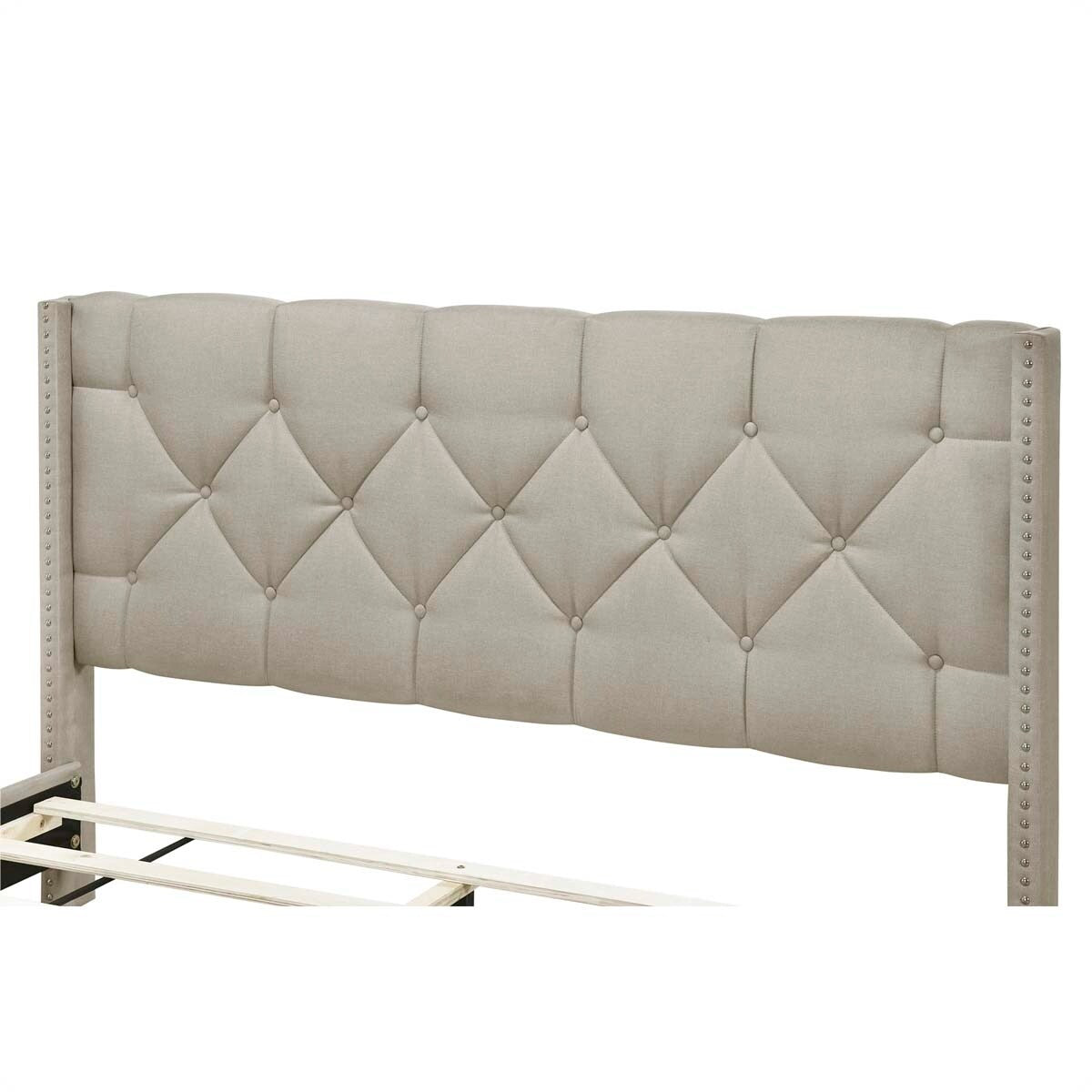 Queen Size Linen Platform Bed Frame with Two Drawers