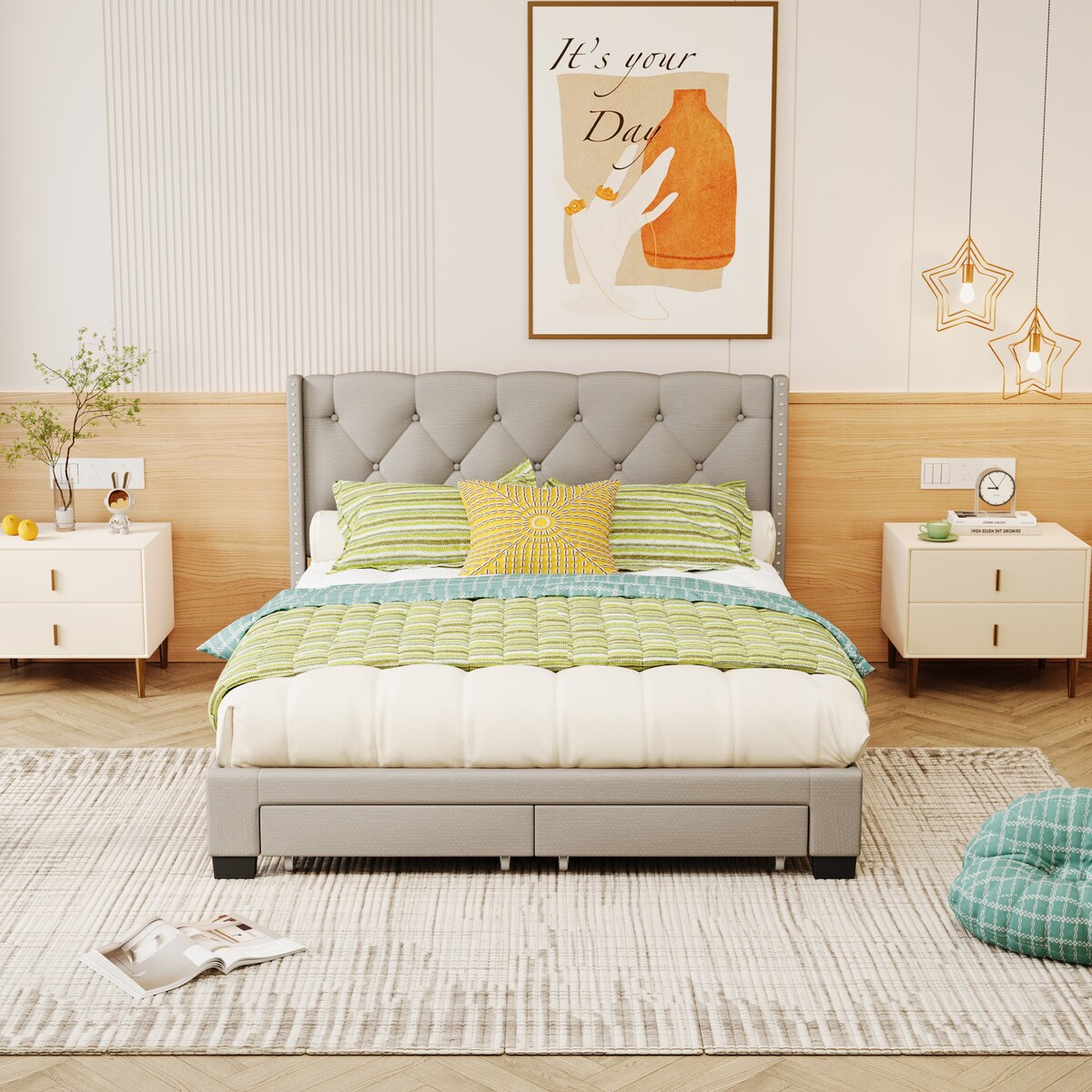 Queen Size Linen Platform Bed Frame with Two Drawers