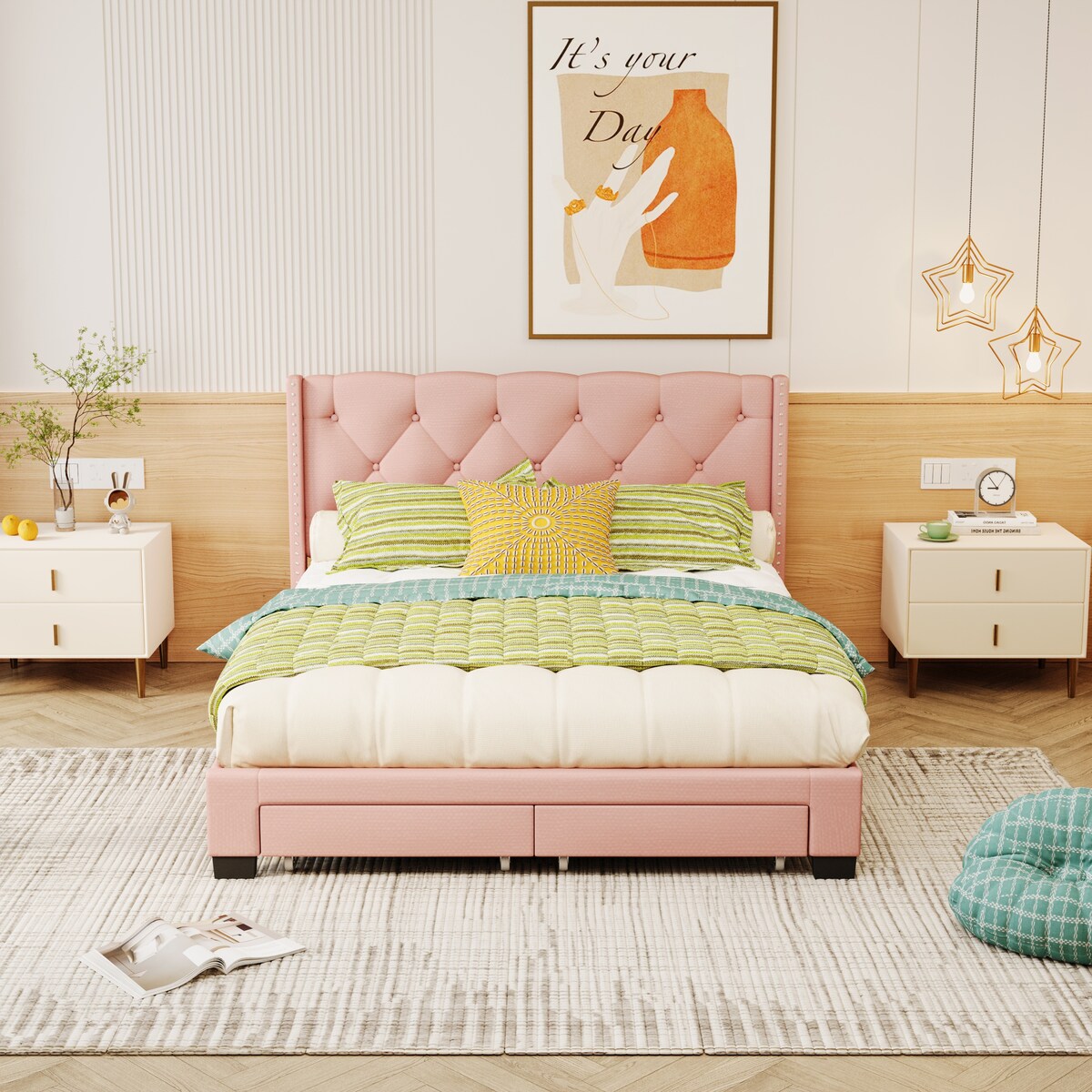 Queen Size Linen Platform Bed Frame with Two Drawers