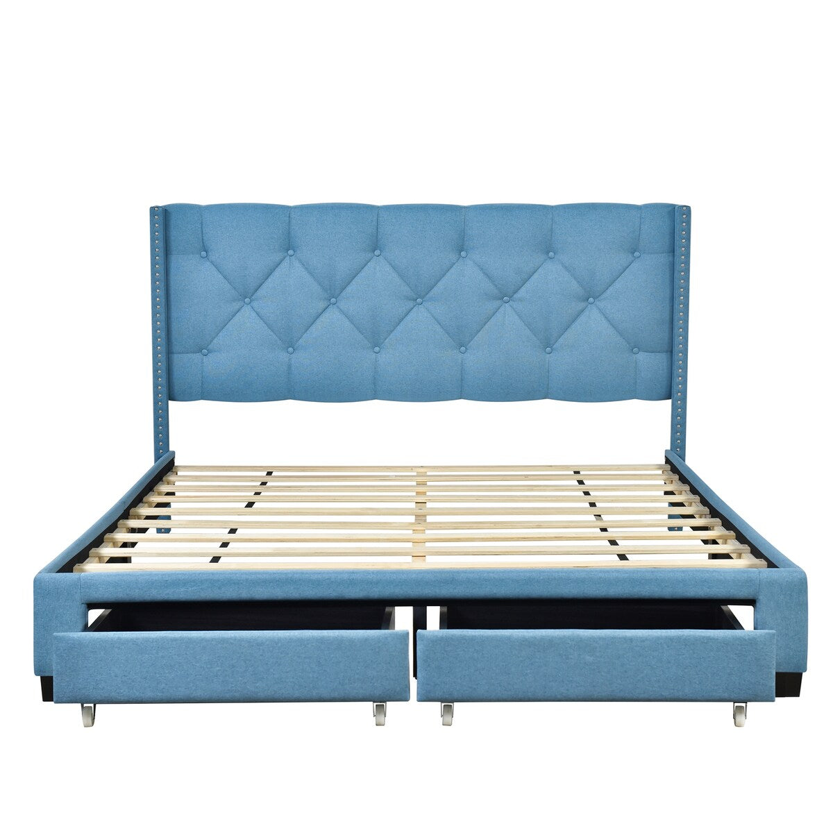 Queen Size Linen Platform Bed Frame with Two Drawers