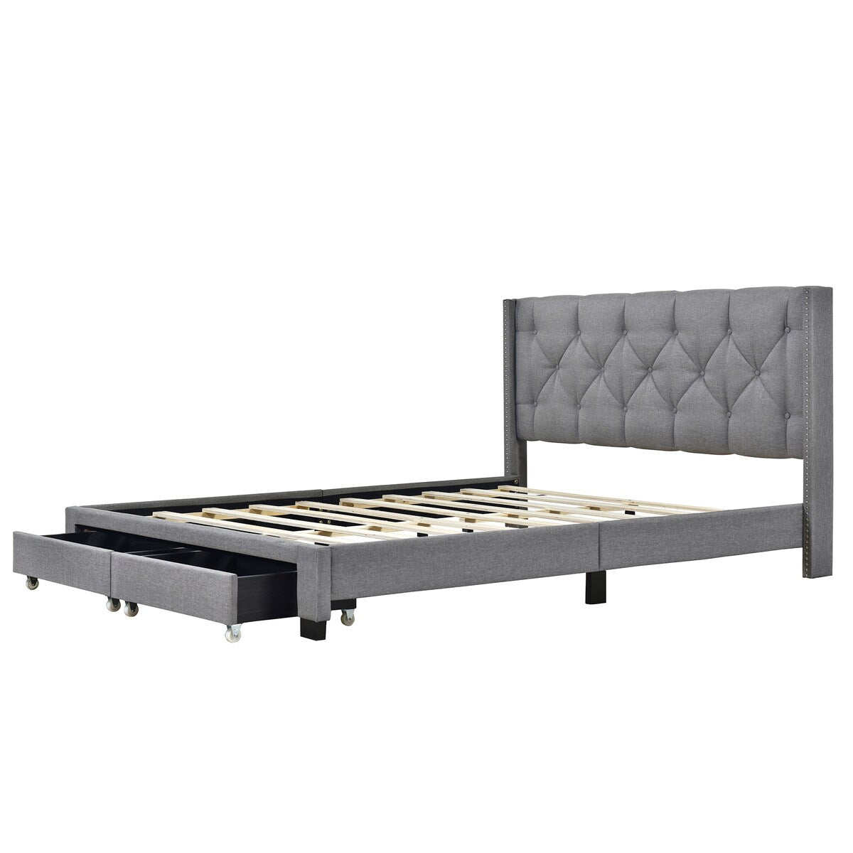 Queen Size Linen Platform Bed Frame with Two Drawers