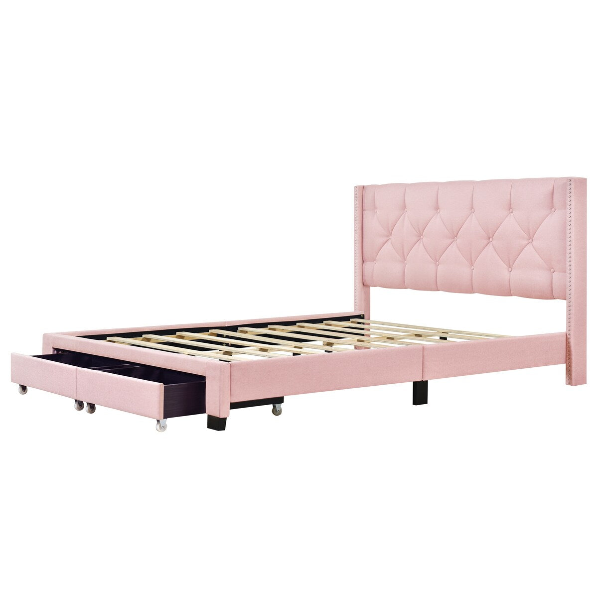 Queen Size Linen Platform Bed Frame with Two Drawers