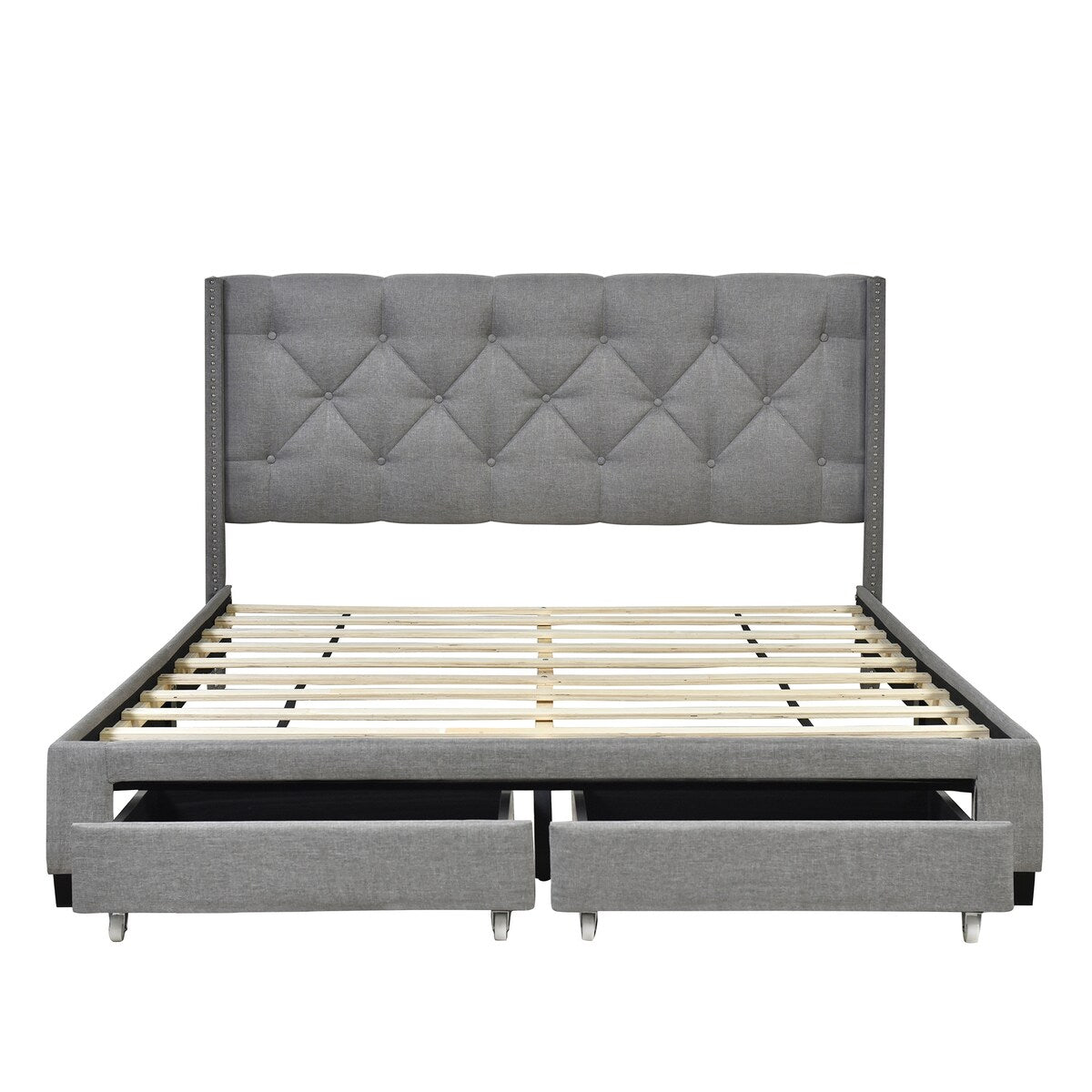 Queen Size Linen Platform Bed Frame with Two Drawers
