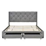 Queen Size Linen Platform Bed Frame with Two Drawers