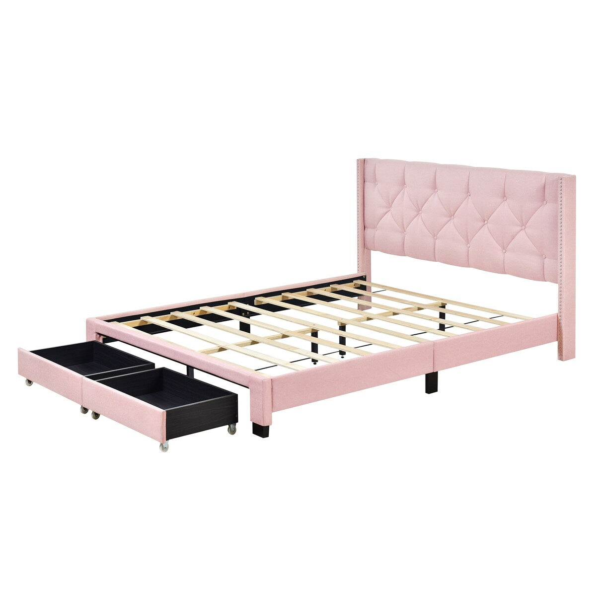 Queen Size Linen Platform Bed Frame with Two Drawers