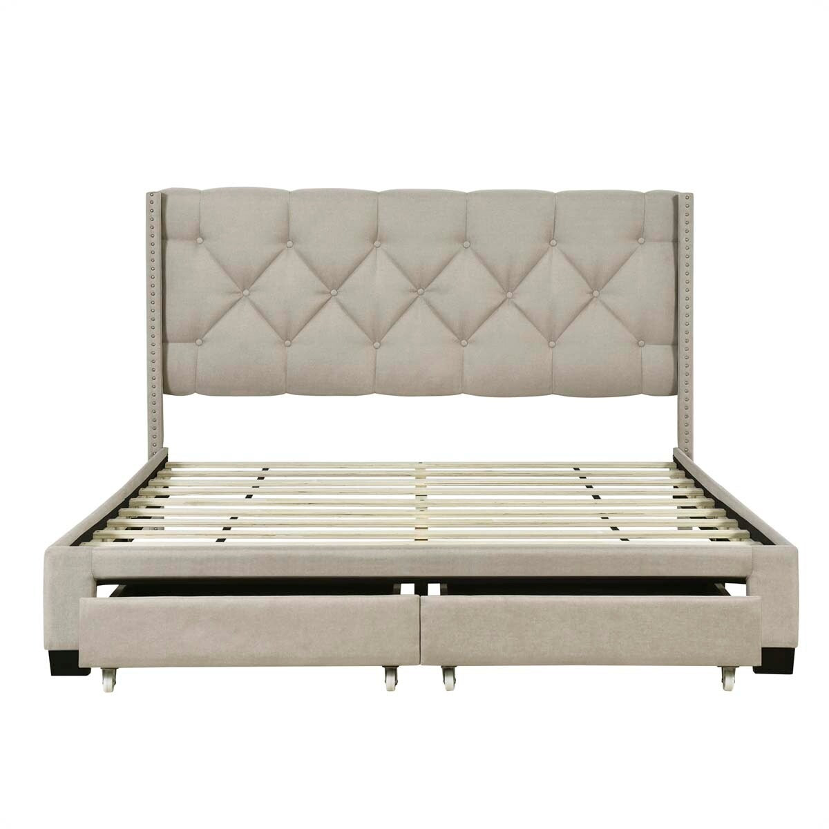 Queen Size Linen Platform Bed Frame with Two Drawers