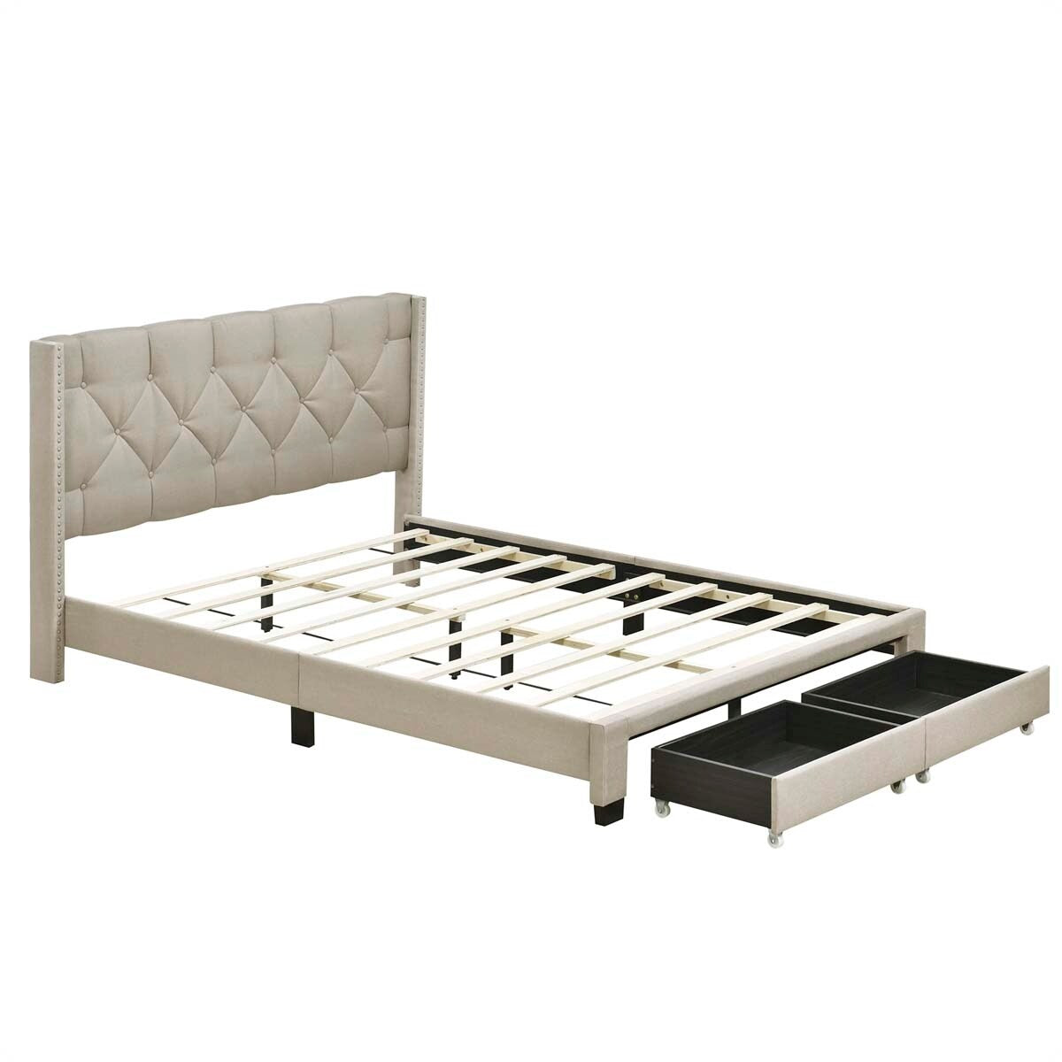 Queen Size Linen Platform Bed Frame with Two Drawers