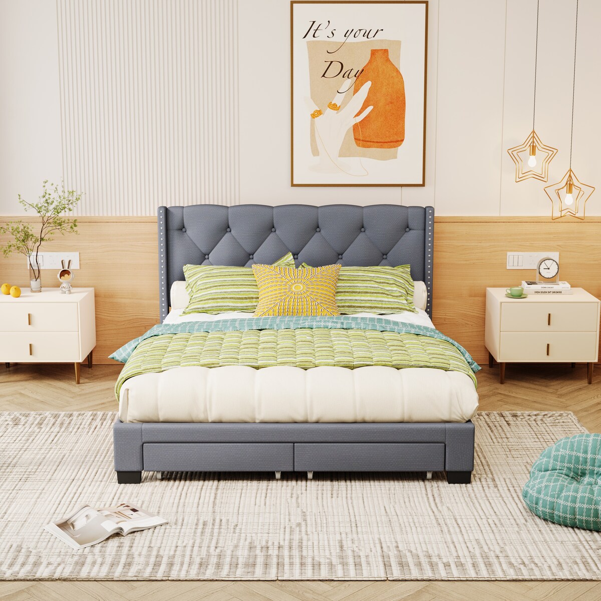 Queen Size Linen Platform Bed Frame with Two Drawers