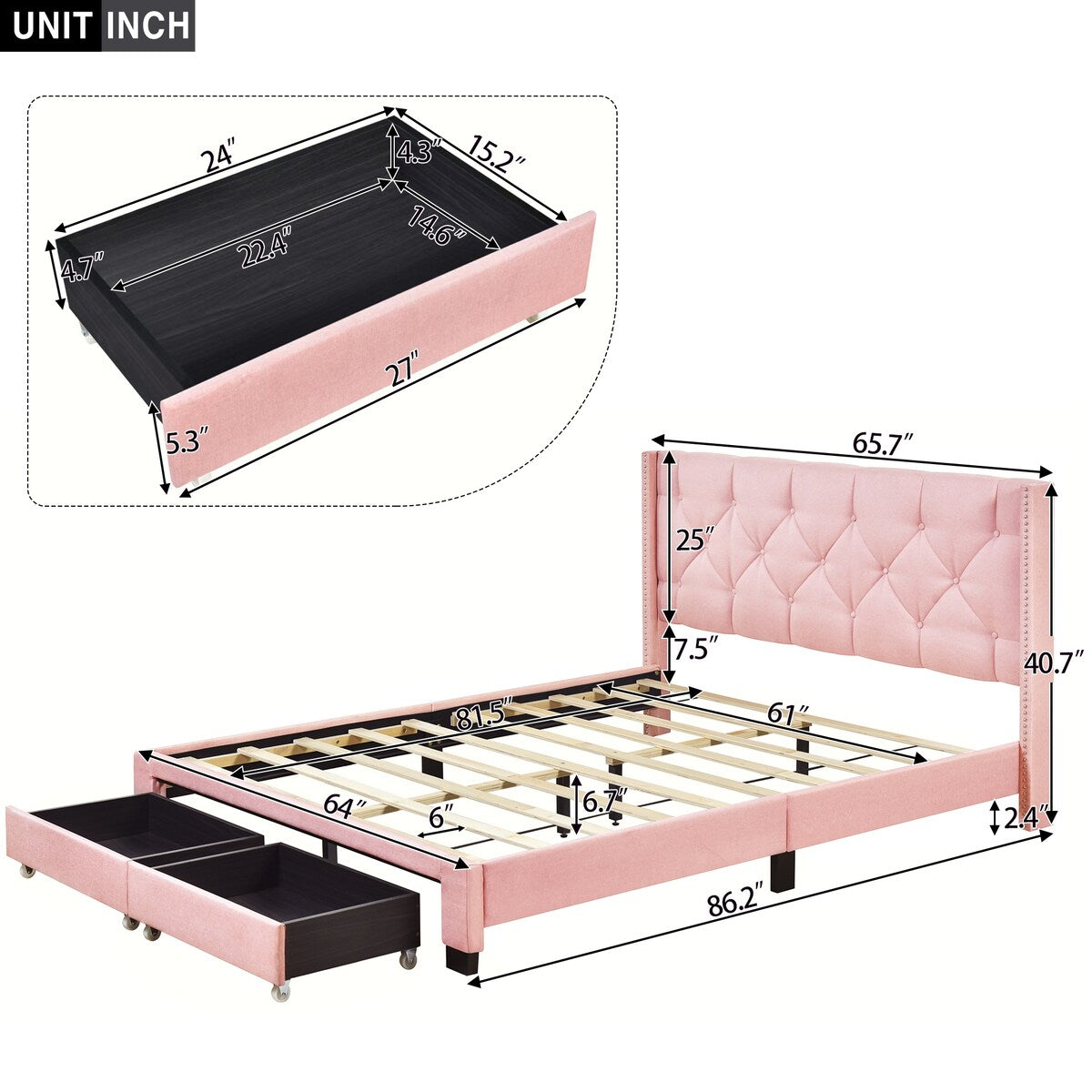 Queen Size Linen Platform Bed Frame with Two Drawers