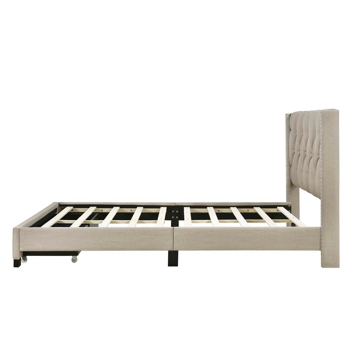 Queen Size Linen Platform Bed Frame with Two Drawers