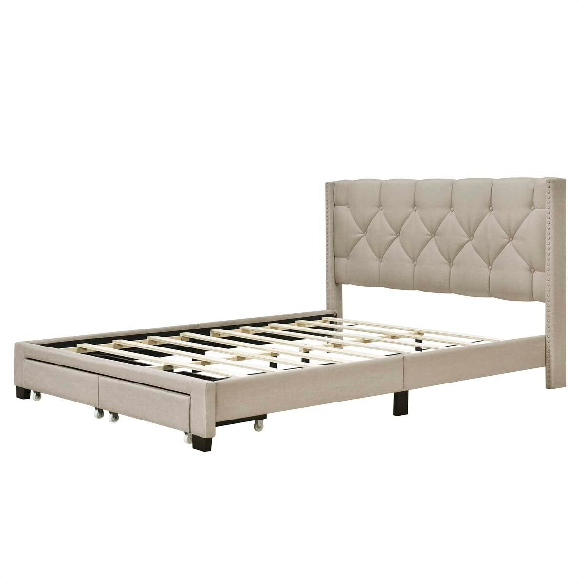 Queen Size Linen Platform Bed Frame with Two Drawers