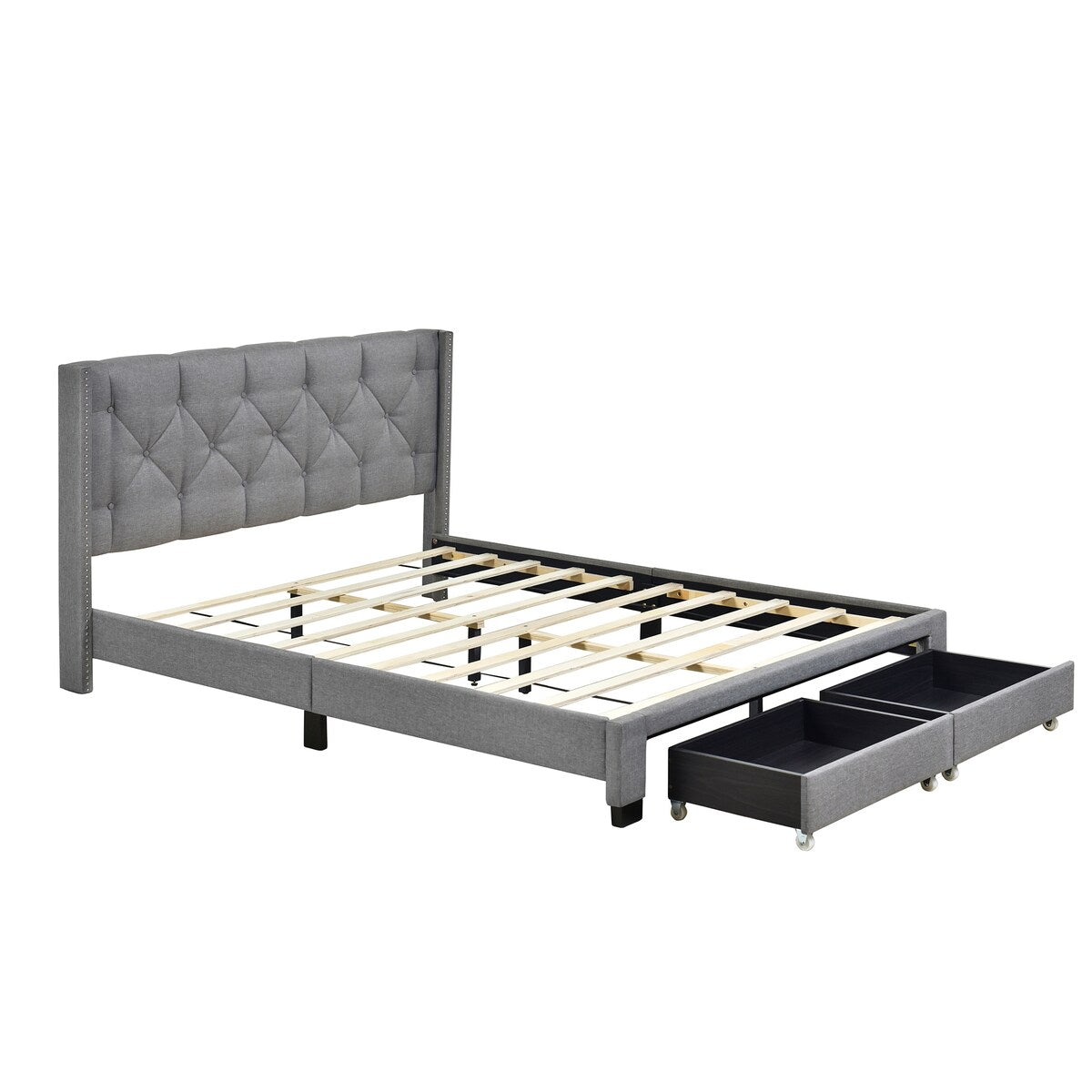 Queen Size Linen Platform Bed Frame with Two Drawers