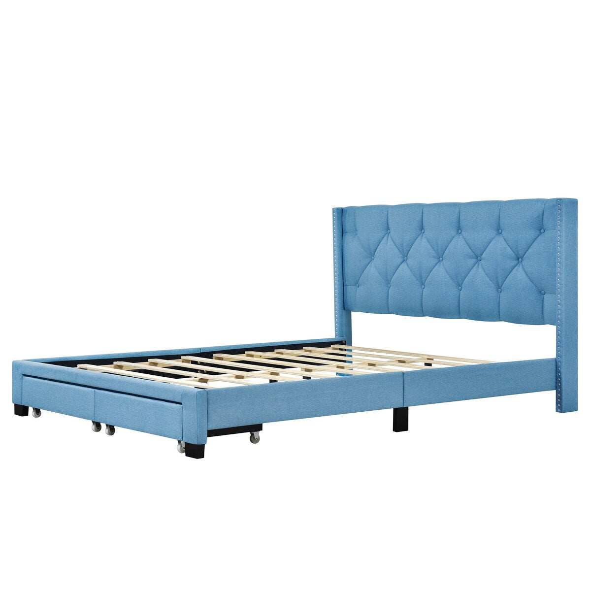 Queen Size Linen Platform Bed Frame with Two Drawers