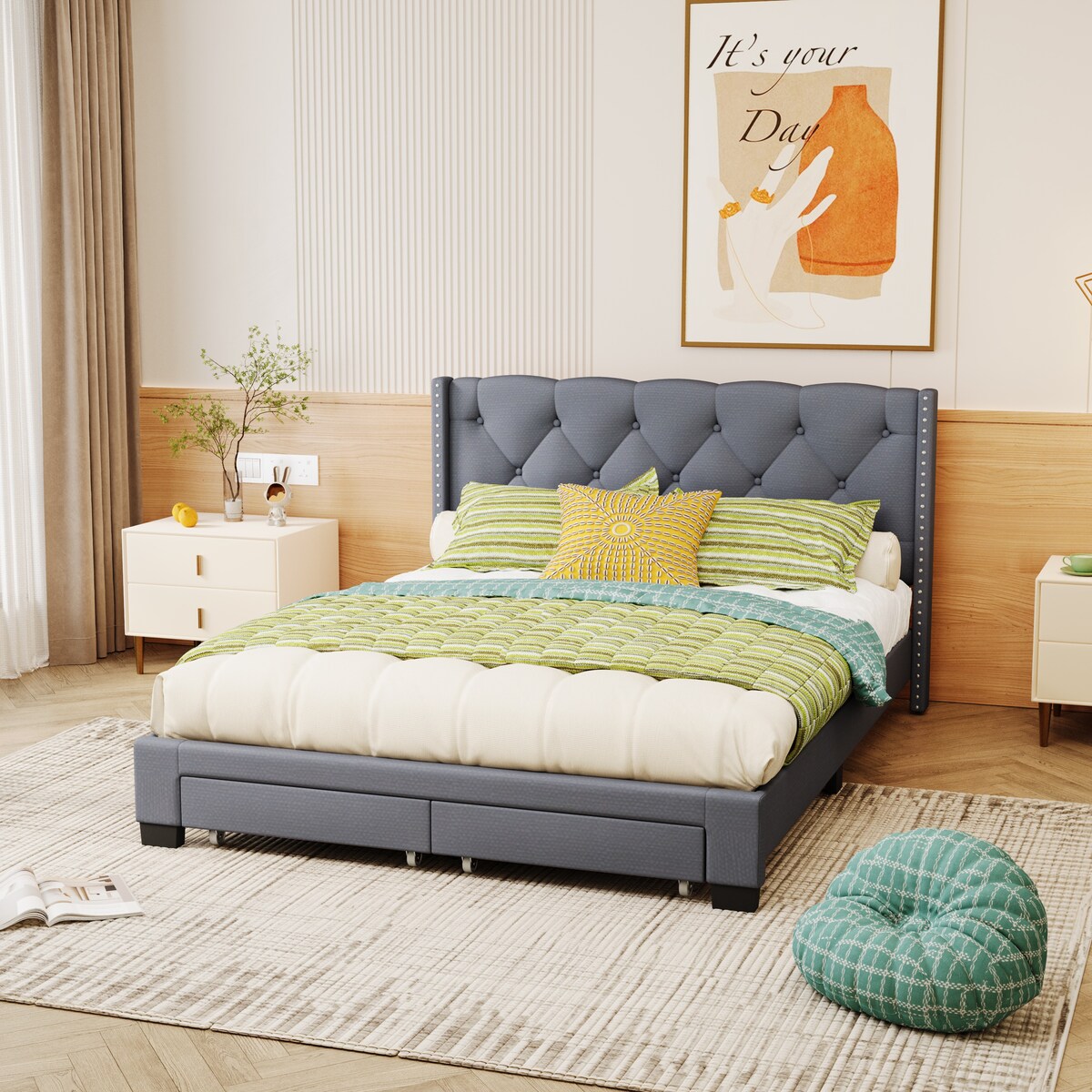 Queen Size Linen Platform Bed Frame with Two Drawers