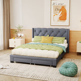 Queen Size Linen Platform Bed Frame with Two Drawers