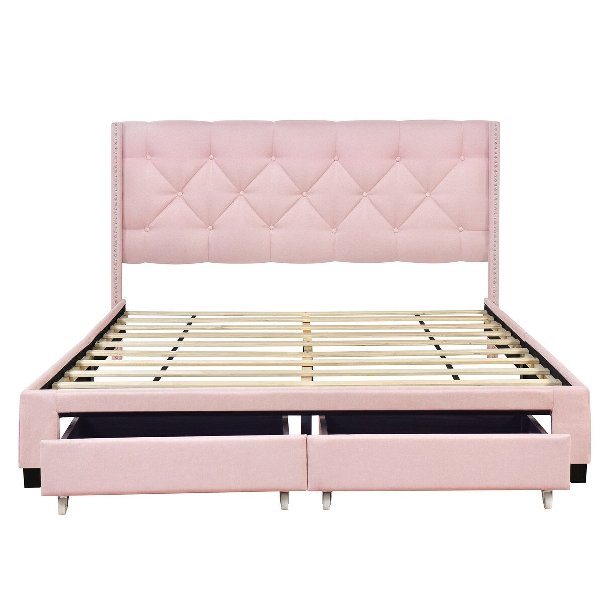 Queen Size Linen Platform Bed Frame with Two Drawers